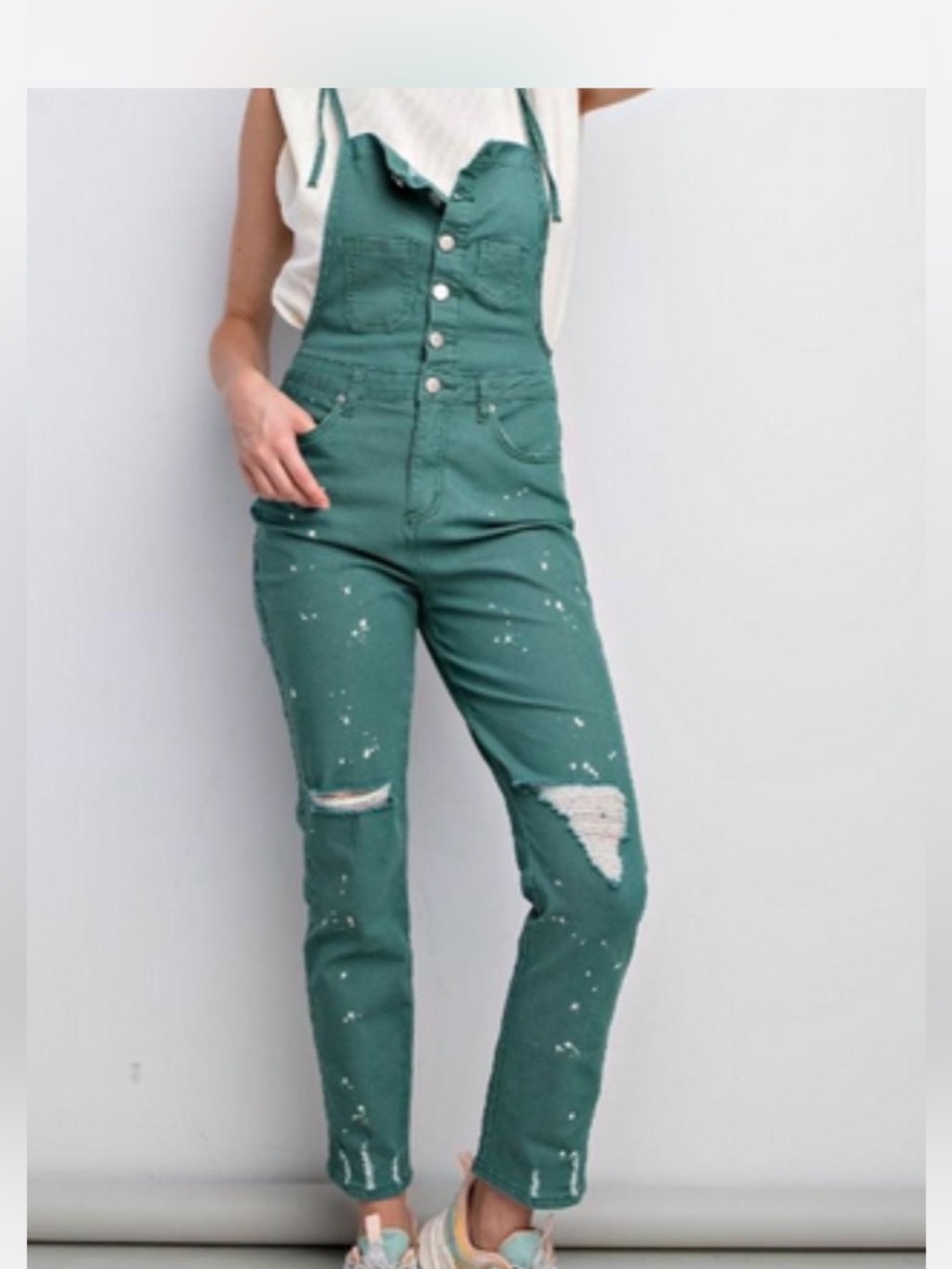 NWT Easel Boutique Green Distressed Women's Overalls Jeans Sz M & L